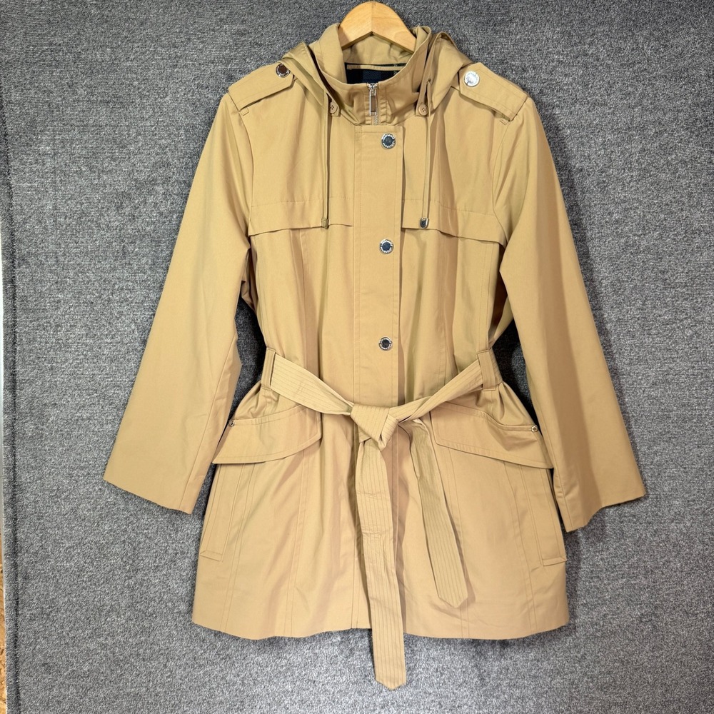 London Fog Jacket XL Womens Tan Khaki Hooded Belted Trench Coat